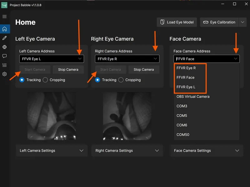 Camera selection dropdown menu